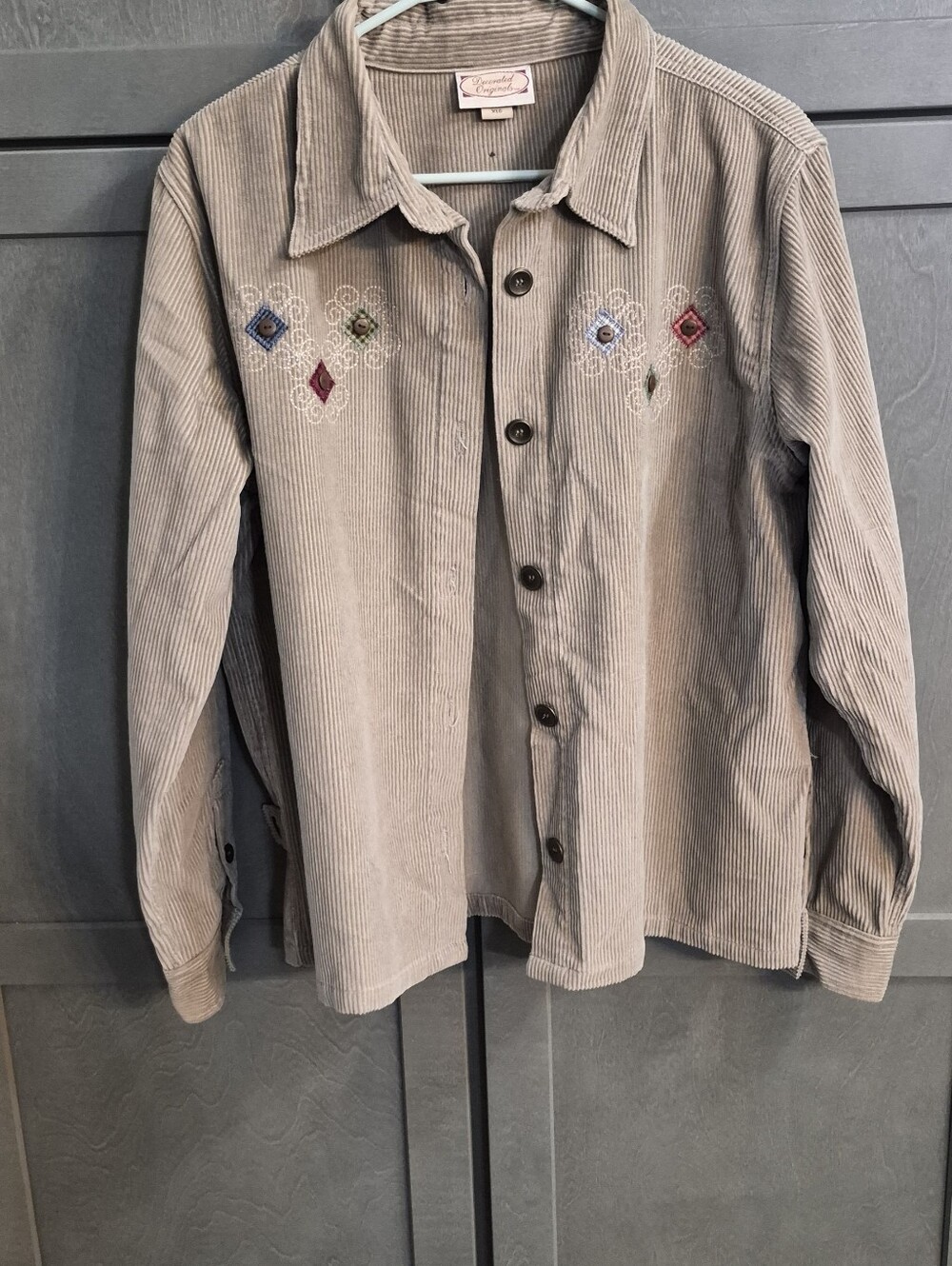 Corduroy Button-Up Shirt Jacket in Taupe with Embroidered Accents